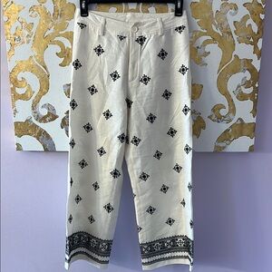 Elie. By Elie Tahari Size 6 Linen Blend Ivory & Black Embroidered Wide Leg Pants